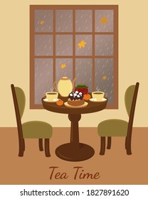 Hora del té de otoño. Acogedora ilustración de vector plana de otoño para el diseño.