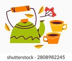 Autumn Tea Time Flat Vector Illustration. Green Teapot and Two Cups with Rowan Berries