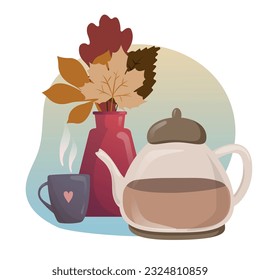 Autumn Tea time. Kettle and cup with tea, autumnal leaves. Delicious tea-party for breakfast isolated on gradient background for tea party, menu, shop. Graphic design for Autumn