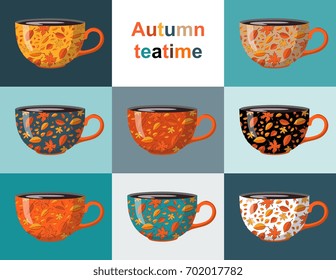 Autumn tea time. Set of teacups with autumnal leaves in different colors. Vector illustration.