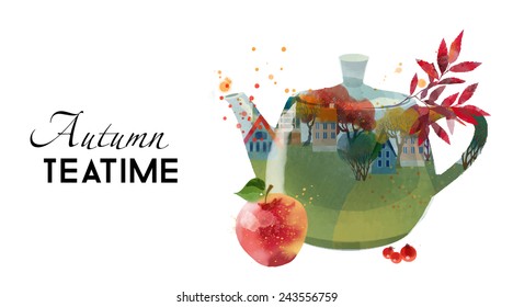 Autumn Tea Time. Watercolor vector painting