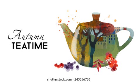 Autumn Tea Time. Watercolor vector painting