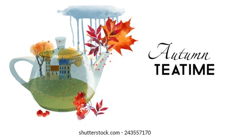 Autumn Tea Time. Watercolor vector painting