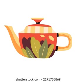 Autumn teapot decorated with leaves. Hot drink, tea, coffee, cacao. Fall decorative objects. Warm hygge aesthetics. Flat cartoon hand-drawn style