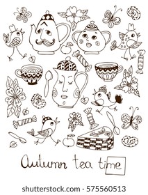 Autumn teatime. Beautiful card with hand drawn elements for tea party - teapots, cups, spoons, cakes. Cute birds, butterflies and flowers. Coloring book. 