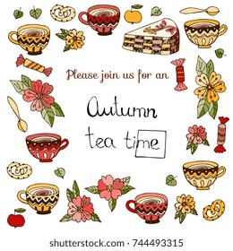 Autumn teatime. Cute invitation card for tea party with cups, cakes, sweets and flowers. Hand drawn sketch. Vector illustration.