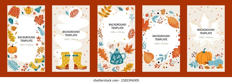 autumn template 1080x1920 for stories. Design with autumn cozy leaves, teapot, sweater 
 and copyspace on beige background