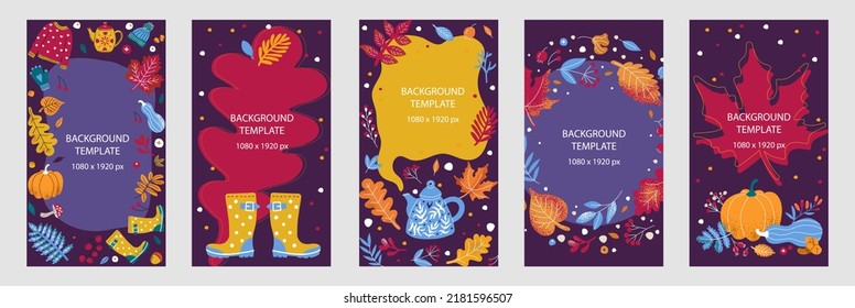 autumn template 1080x1920 for stories. Design with autumn cozy leaves, teapot, sweater 
 and copyspace on a purple background