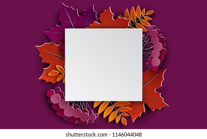 Autumn template, 3d paper frame, paper colorful tree leaves, purple background. Autumnal holiday design for fall season festival invitation, greeting card, paper cut style, vector illustration