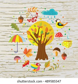 Autumn template background with nature objects, tea, rain and birds. Vector graphic illustration