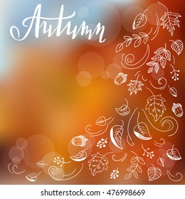 Autumn template with blurred background and doodle style leaves