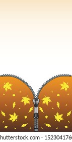 Autumn - template for a business card, story or greeting card with copy space. Vector template with zipper, golden autumn leaves and place for your text or picture. Sheet for the calendar.