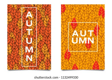 Autumn template card drawing leaves pattern design in orange and red color with big text and frame at center vector illustration