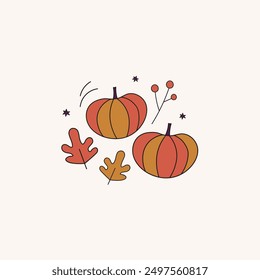 Autumn template card with pumpkins, fall oak leaves, rowan. Vector border background of autumn mood for banner, greeting card, polygraph, label, print, poster, logo. Hand drawn isolated illustration