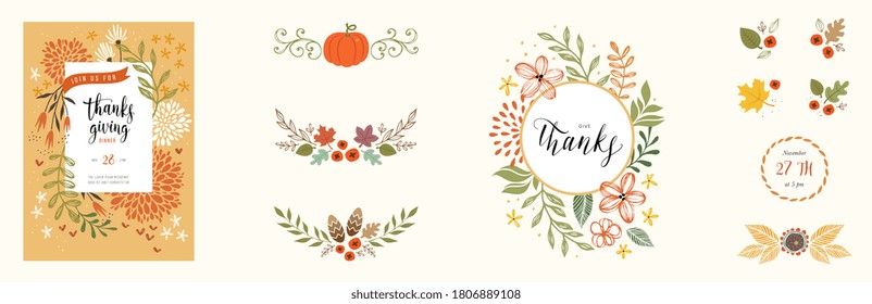 Autumn template and design elements. Good for Thanksgiving greeting cards, invitations, flyers and other graphic design. Vector illustration.