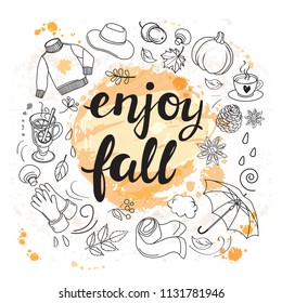 Autumn template with doodle items and inscription enjoy fall