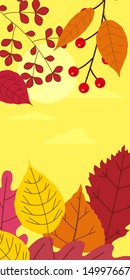 Autumn template of autumn fallen leaves orange yellow foliage. Backgrounds social media stories banners. Template for event invitation, product catalog, advertising. Vector isoalted trendy flat style