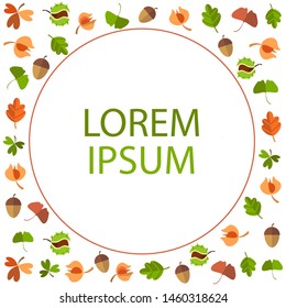 Autumn template or frame with round place for text in centre of composition. Illustration with physalis, acorns, ginkgo leaves. Warm nice colors. Paper or textile design on autumn theme. Flat design