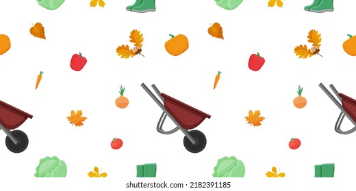 Autumn template. Harvesting. Vector illustration. Seamless pattern with vegetables, garden wheelbarrow, rubber boots, autumn leaves.