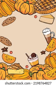 Autumn template with pumpkin, pie, dessert, cheesecake, cookie, coffee latte. Design element for seasonal menu on beige background