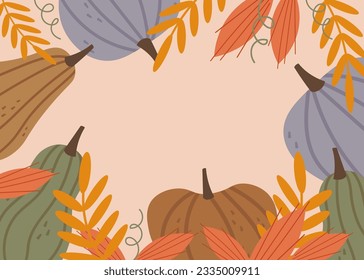 Plantilla de otoño con calabazas y ilustración vectorial de plantas de otoño para banner, tarjeta de saludo, polígrafo, etiqueta. Antecedentes del Día de Acción de Gracias, Halloween y vacaciones de otoño. Elemento de diseño 