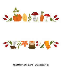Autumn template for text in the center, in the form of a rectangle. Pictures with socks, cranberries, coffee, pumpkin, mushrooms, carrots, rosehip. The vector illustration. For the design