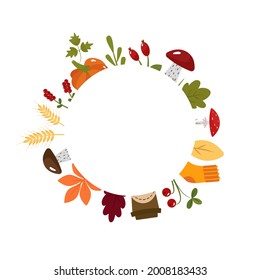 Autumn template, text frame in the center, in the shape of a circle. Pictures with socks, coffee, wheat, pumpkin, mushrooms, carrots,rosehip. The vector illustration is isolated. For design or decor