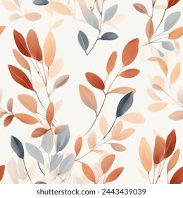 Autumn Terra Brown French Grey Abstract Eucalyptus Leaf Watercolor Scandinavian Design Seamless Pattern Wallpaper Curtain Bedding Upholstery Beige Background Vector 