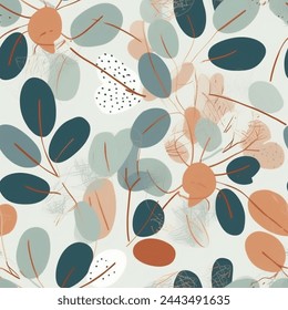 Autumn Terra Brown French Grey Abstract Eucalyptus Leaf Watercolor Scandinavian Design Seamless Pattern Wallpaper Curtain Bedding Upholstery Beige Background Vector 