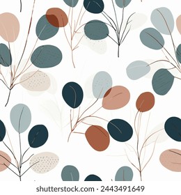 Autumn Terra Brown French Grey Abstract Eucalyptus Leaf Watercolor Scandinavian Design Seamless Pattern Wallpaper Curtain Bedding Upholstery White Background Vector 