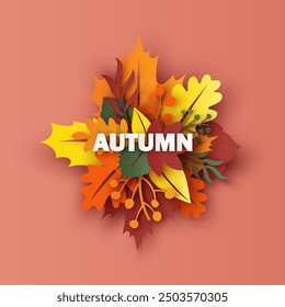 Autumn text with colorful leaves background. Autumn Season. paper cut and craft. vector, illustration.