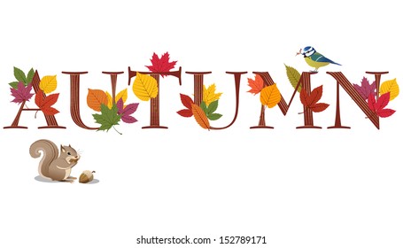 AUTUMN text decorated with leaves, blue bird and squirrel.File contains Gradients, Clipping mask, Transparency.