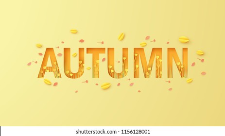 Autumn text greeting in banner design with colorful leaves in background for autumn season. Autumn typography design. Vector autumnal design for banner. paper cut and craft. vector, illustration.