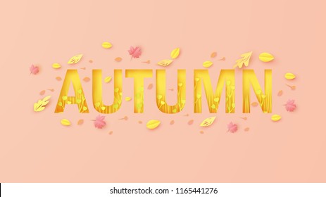 Autumn text greeting in banner design with colorful leaves in background for autumn season. Autumn typography design. Vector autumnal design for banner. paper art design. vector, illustration.