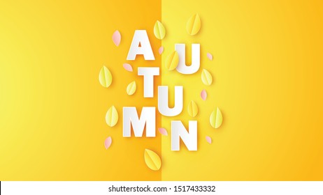 Autumn text greeting in banner design with colorful leaves. Autumn typography design. paper cut and craft style. vector, illustration.