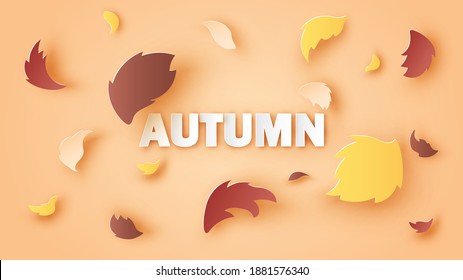 Autumn Text Greeting With Colorful Leaves Blowing Around. Autumn Typography Design. Vector Autumnal Design For Banner. Paper Cut And Craft. Vector, Illustration.