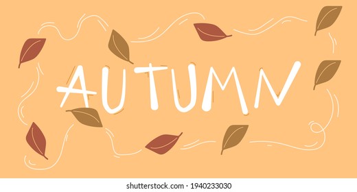 autumn text simple orange color background, with two colour leaf and white line