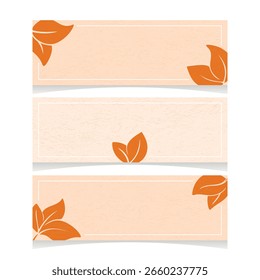 Autumn texture banners set with colorful leaves. Horizontal grunge background template with foliage. Mockup with copy space for fall season flyers, brochures, sales, booklets and more. Vector