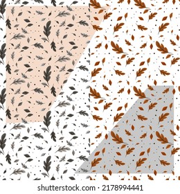 Textura otoñal de hojas planas multicolores. Hojas grises y naranjas con puntos. El clima ventoso, hojas voladoras.