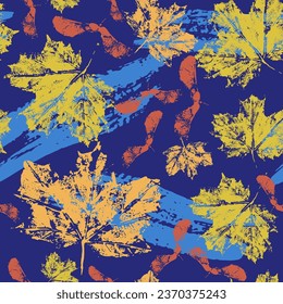 Autumn texture maple leaves and seeds. Abstract seamless pattern background. Vector template design for fashion textiles, interiors, fabric, wrapping paper.