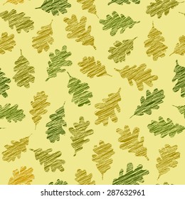 Autumn texture with scraped oak leaves. Seamless pattern. Grunge image. Green leaf backdrop. For wallpaper or printing on fabric. Plain endless background for decoration or wallpaper.