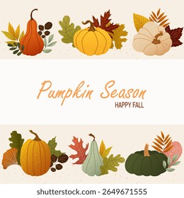 Autumn textured vector card with bright pumpkins, colorful leaves and seasonal greeting. Cozy fall composition in warm palette for Thanksgiving banner, seasonal poster, print or invitation design