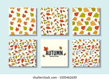 Autumn textures. Vector design for card, poster, flyer. Trendy hand drawn seamless patterns. Fall leaf textures. Floral flyer decoration. Background with autumn leaves. Leaf design. Seamless vector