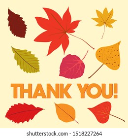 Autumn thank you concept, vector graphic icon with fallen leaves. Yellow and red colors.