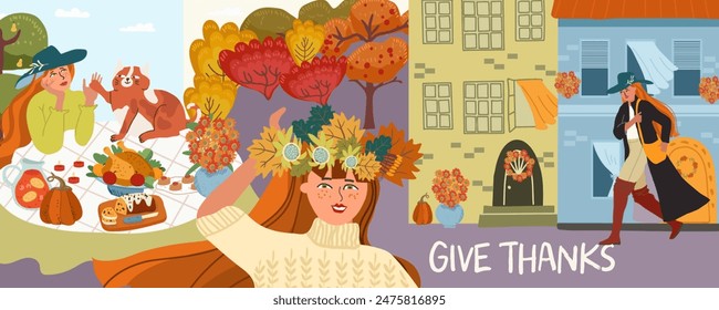 Autumn, Thanksgiving banner with women, girls, people and nature. Vector hand drawn arts and textures. Vector design template.