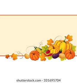 Autumn, thanksgiving Banners with Ripe Vegetables, Swirls and Leaves, Vector Illustration