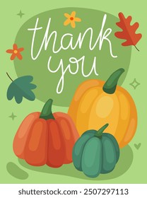 Autumn Thanksgiving card. Pumpkins and "Thank You" lettering on a green background. Thanksgiving Day. Cute simple card. Fall, october, november.