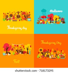 Autumn Thanksgiving Concept Set. Vector Illustration. Fall Seasonal Posters.