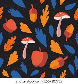 Autumn Thanksgiving day seamless pattern background, tree paper leaves, mushroom, apple, acorn, raindrop, design for fall season sale banner, poster, greeting card, vector illustration