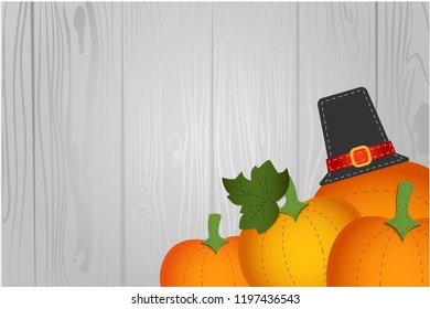 Autumn thanksgiving design on wood background with pilgrim hut and pumpkins. Vector illustration.